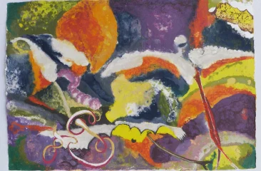 Kleurige abstracte schildering met organische vormen.